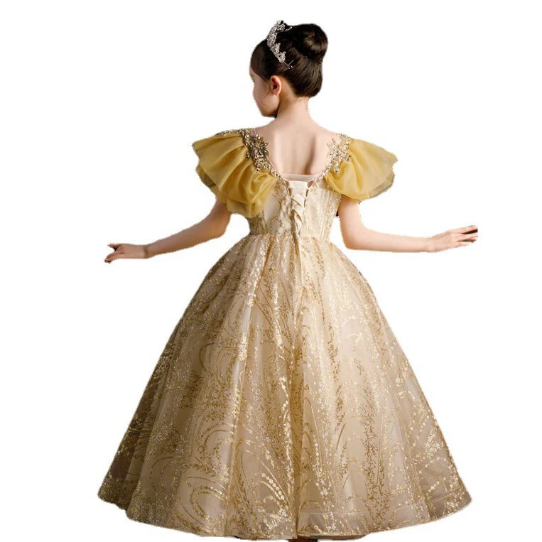 Floor-Length A-Line Princess Dress with Ruffle Sleeves and Rhinestone Appliques for Girls