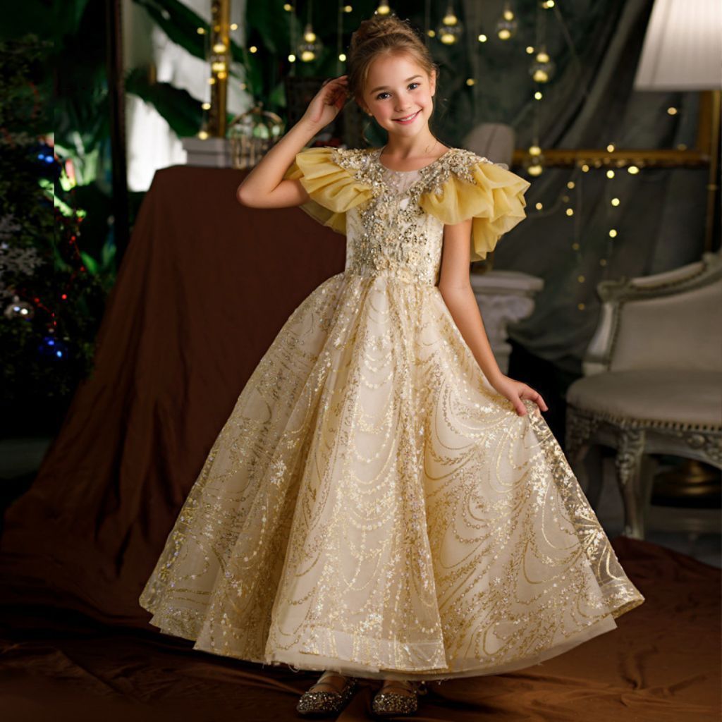 Floor-Length A-Line Princess Dress with Ruffle Sleeves and Rhinestone Appliques for Girls