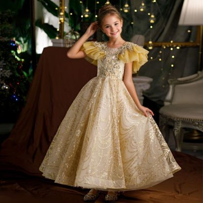 Floor-Length A-Line Princess Dress with Ruffle Sleeves and Rhinestone Appliques for Girls