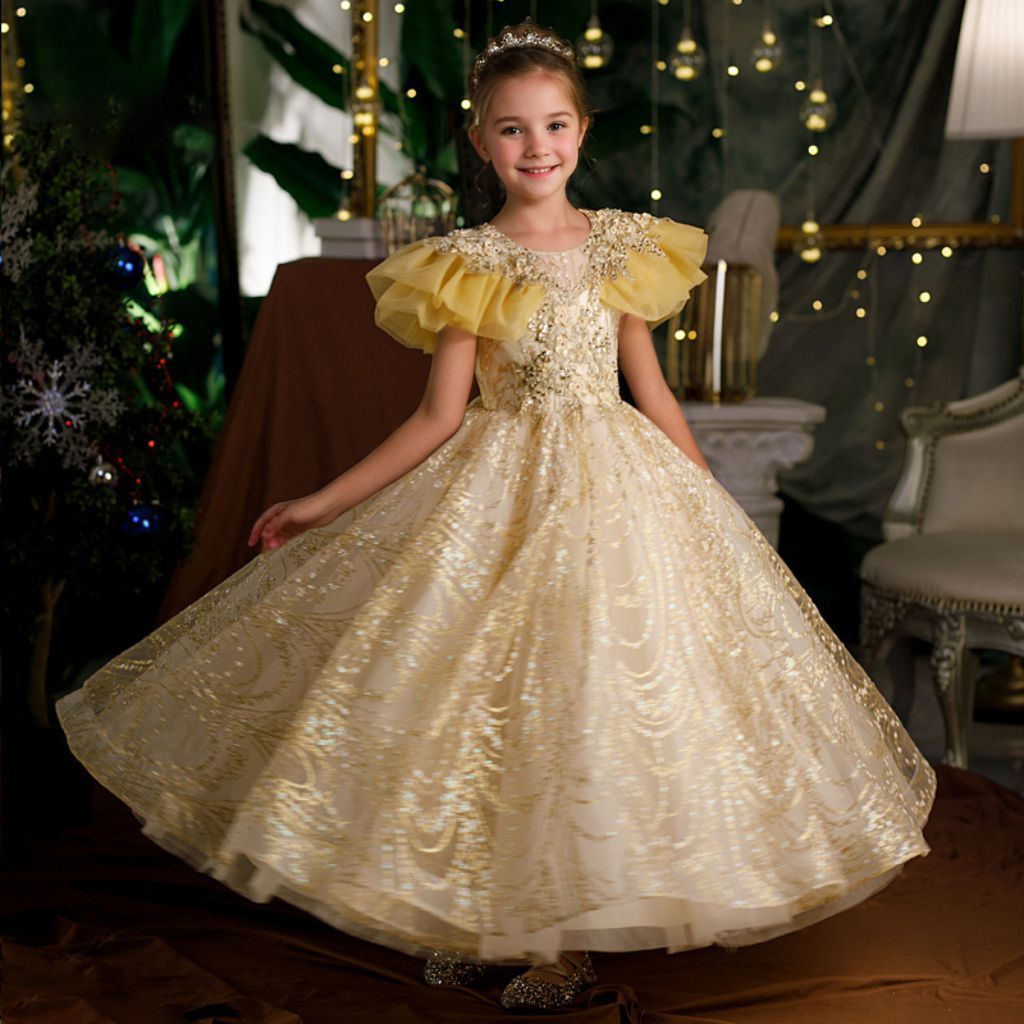 Floor-Length A-Line Princess Dress with Ruffle Sleeves and Rhinestone Appliques for Girls