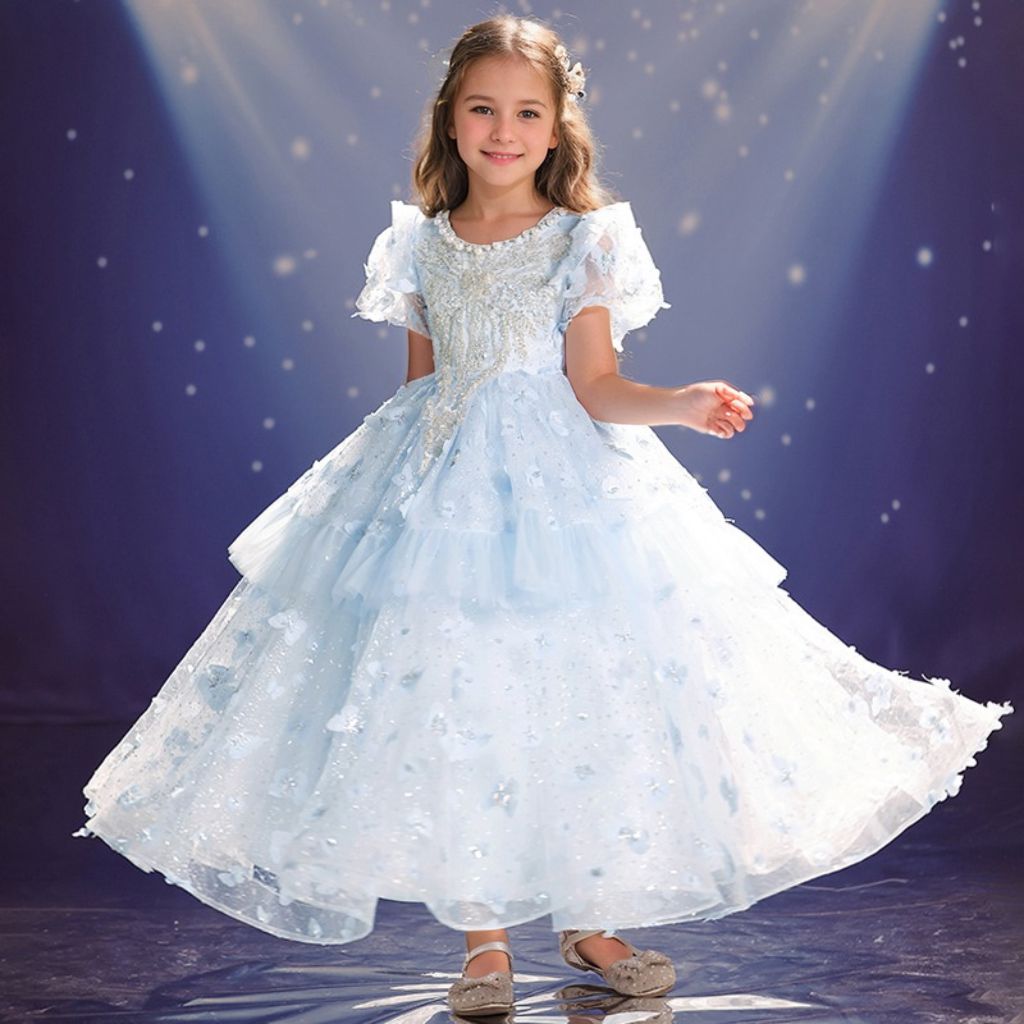 Princess Girl Party Dress with Rhinestone Appliques Round Neck and Short Sleeves
