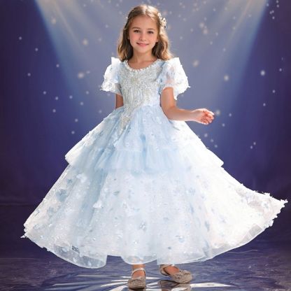 Princess Girl Party Dress with Rhinestone Appliques Round Neck and Short Sleeves
