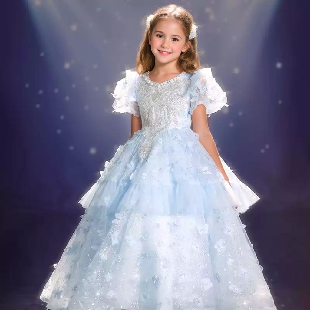 Princess Girl Party Dress with Rhinestone Appliques Round Neck and Short Sleeves