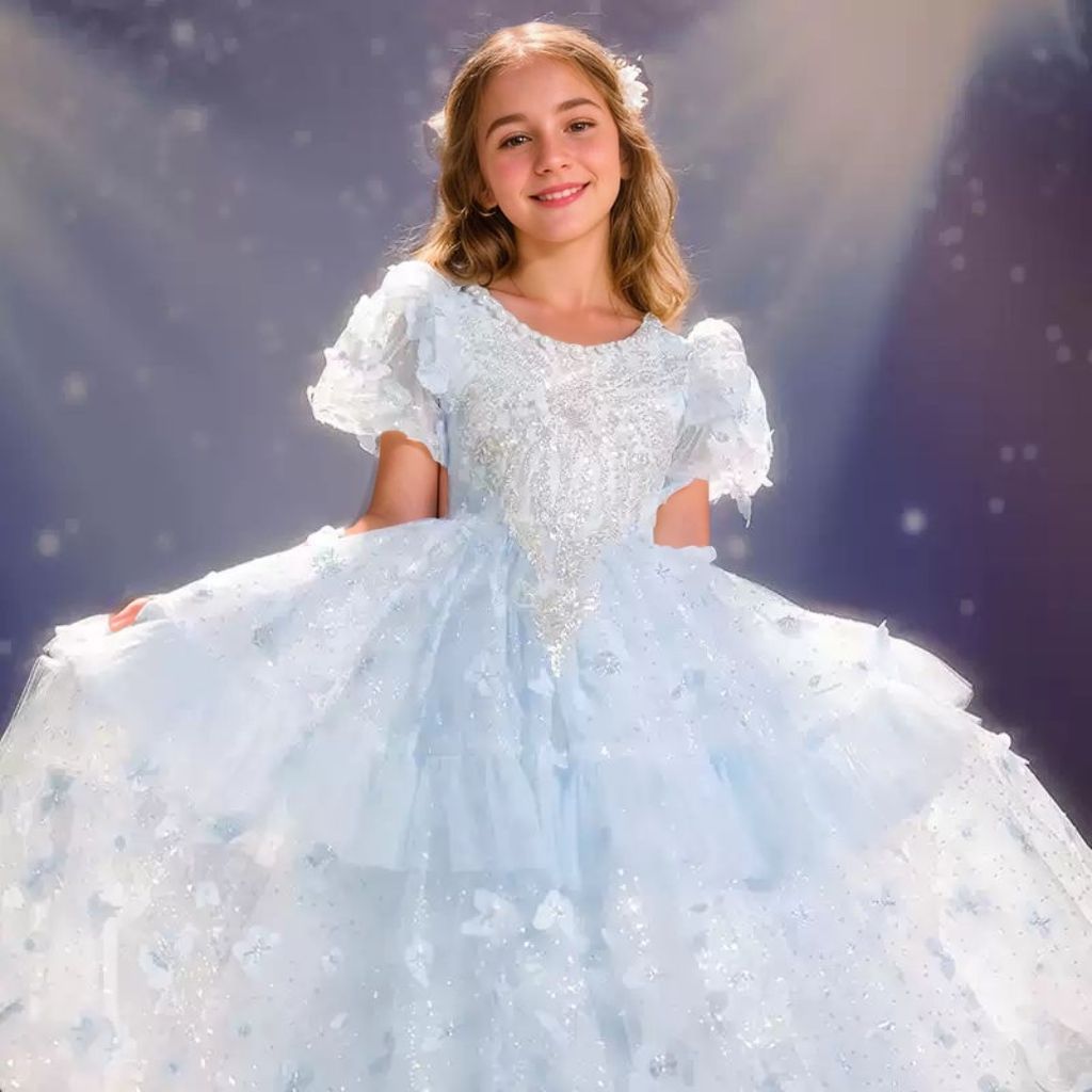 Princess Girl Party Dress with Rhinestone Appliques Round Neck and Short Sleeves