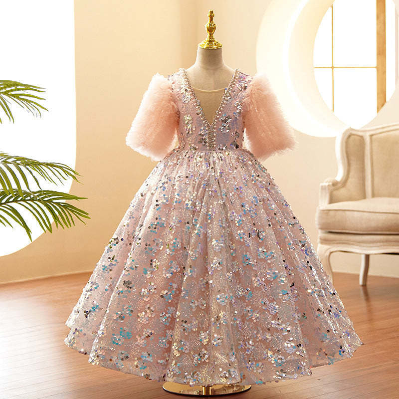 Princess Flower Girl Party Dress with Ruffle Sleeves Floor Length Rhinestones & Beading