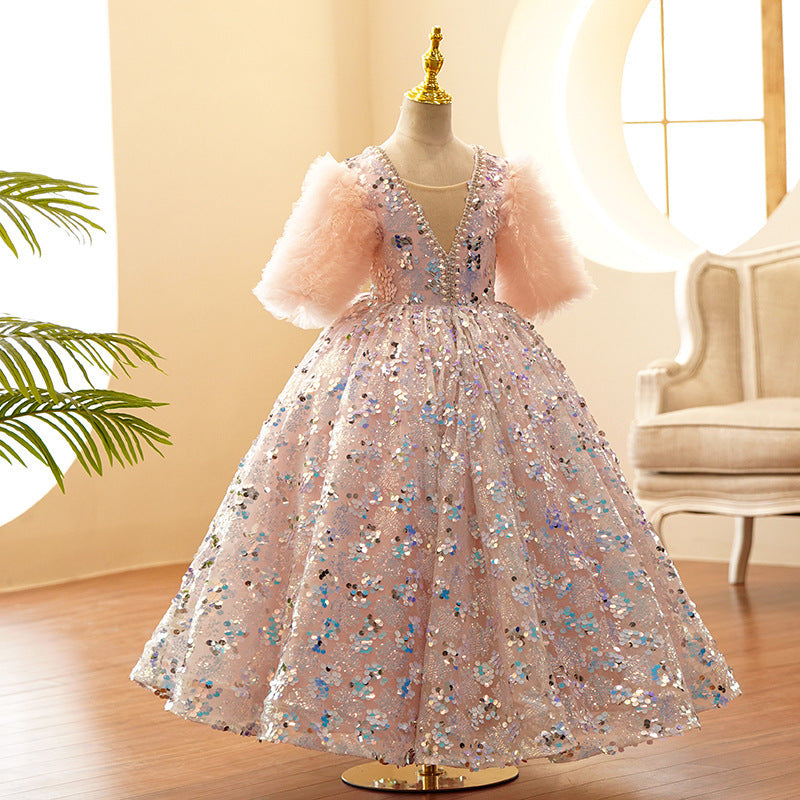 Princess Flower Girl Party Dress with Ruffle Sleeves Floor Length Rhinestones & Beading