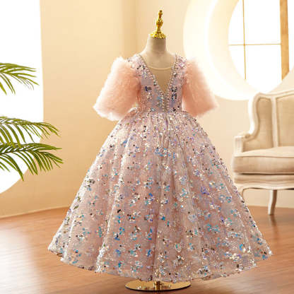 Princess Flower Girl Party Dress with Ruffle Sleeves Floor Length Rhinestones & Beading
