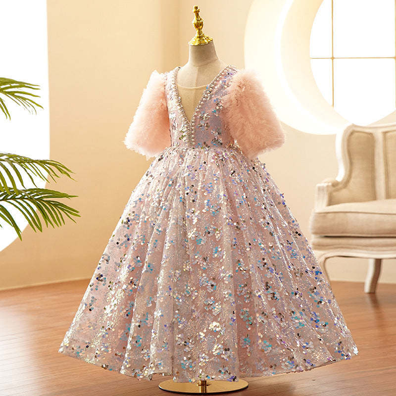 Princess Flower Girl Party Dress with Ruffle Sleeves Floor Length Rhinestones & Beading