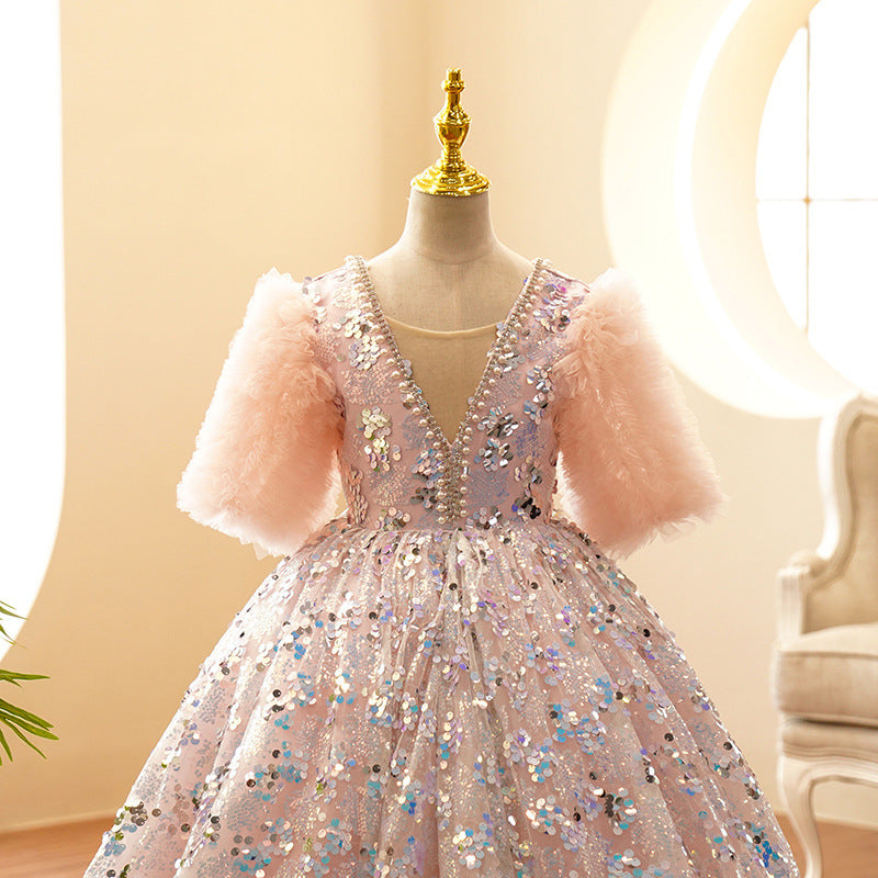 Princess Flower Girl Party Dress with Ruffle Sleeves Floor Length Rhinestones & Beading