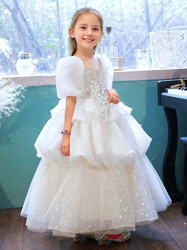 Flower Girl Dresses with Appliques in a Rushed Floor-Length Round Neck Design