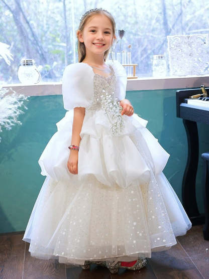 Flower Girl Dresses with Appliques in a Rushed Floor-Length Round Neck Design