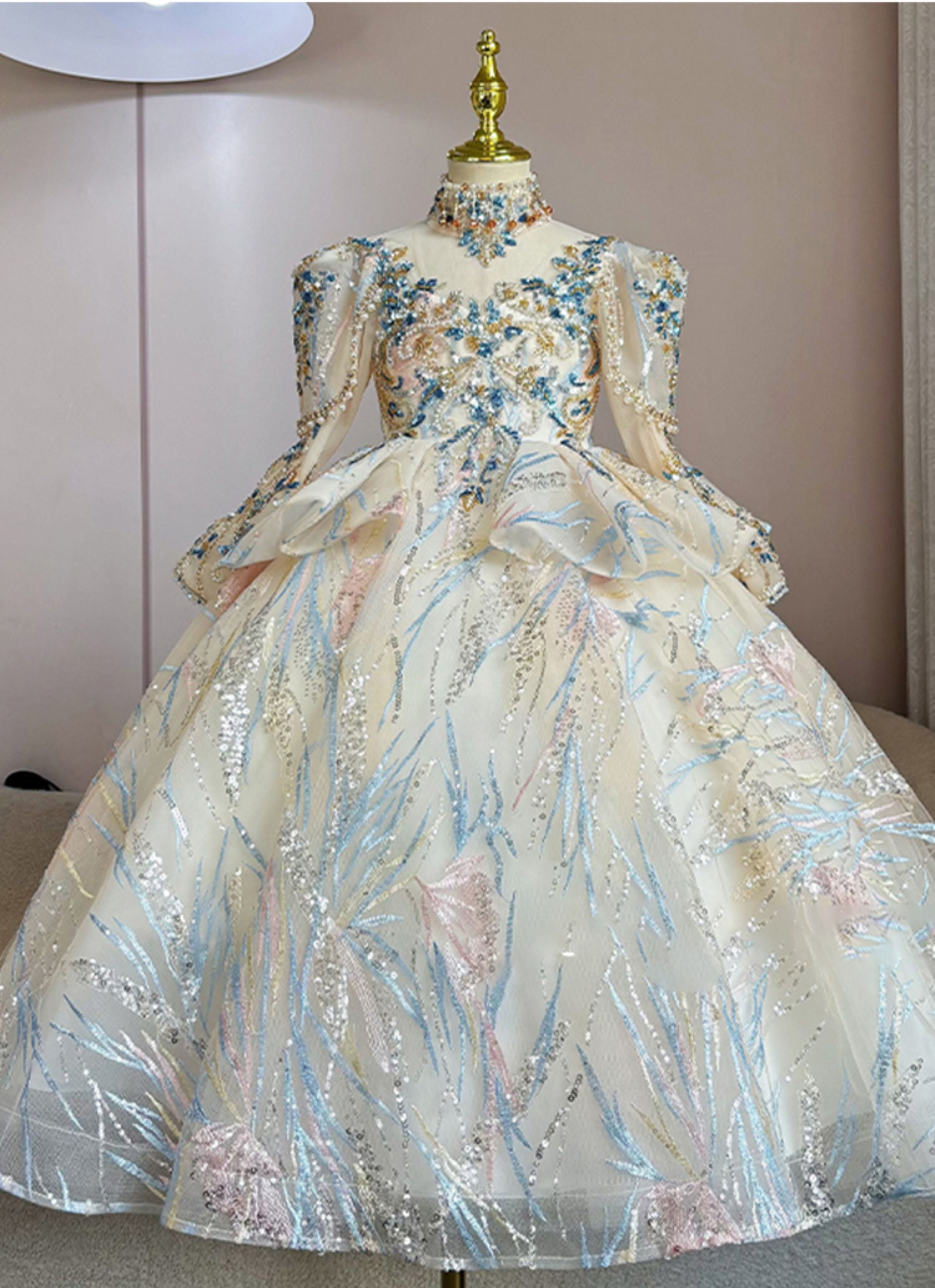 Long-Sleeved High-Neck Flower Girl Dresses with Rhinestone Appliques and Embroidery