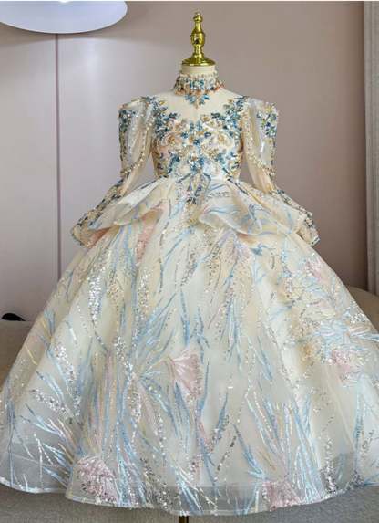 Long-Sleeved High-Neck Flower Girl Dresses with Rhinestone Appliques and Embroidery