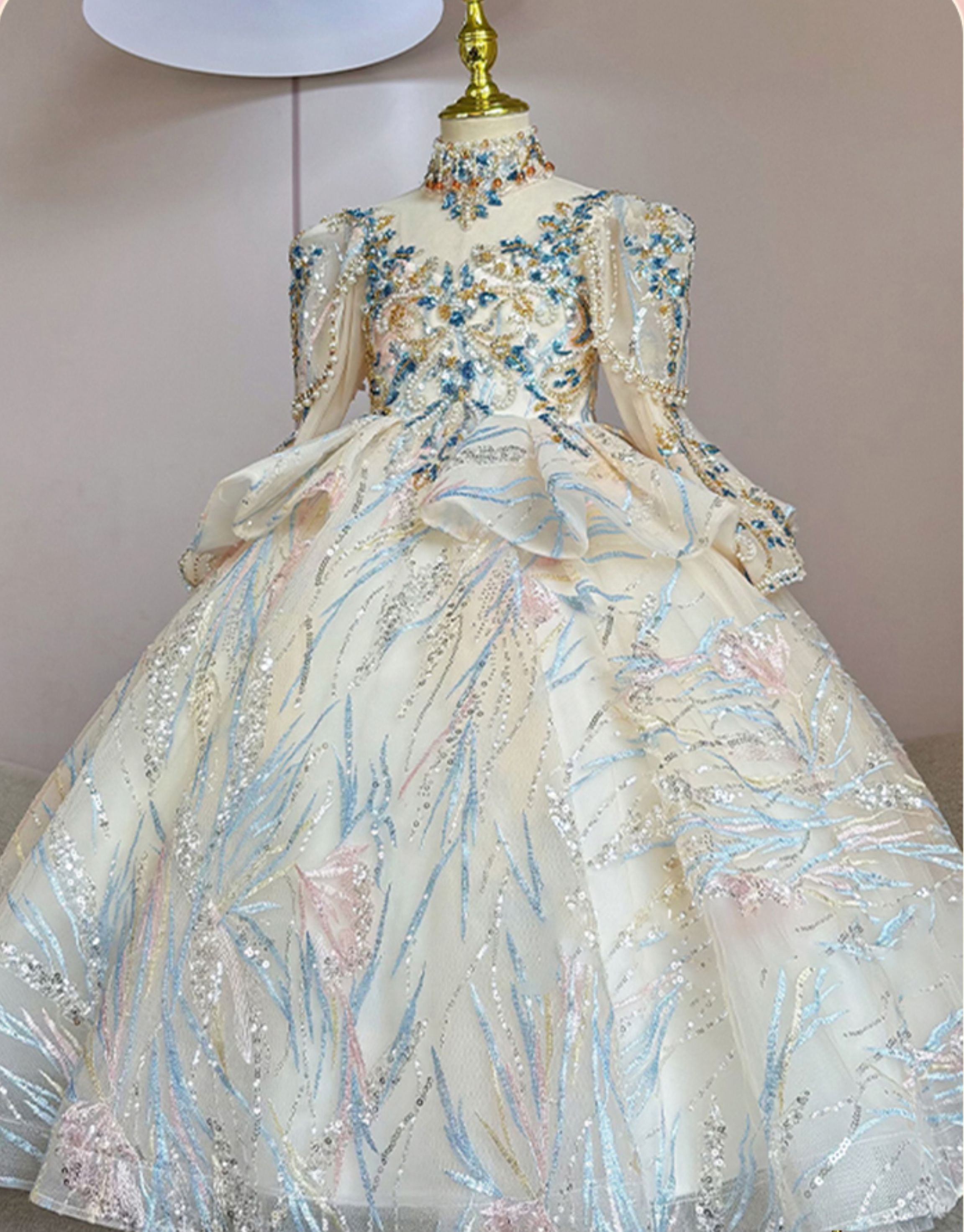 Long-Sleeved High-Neck Flower Girl Dresses with Rhinestone Appliques and Embroidery