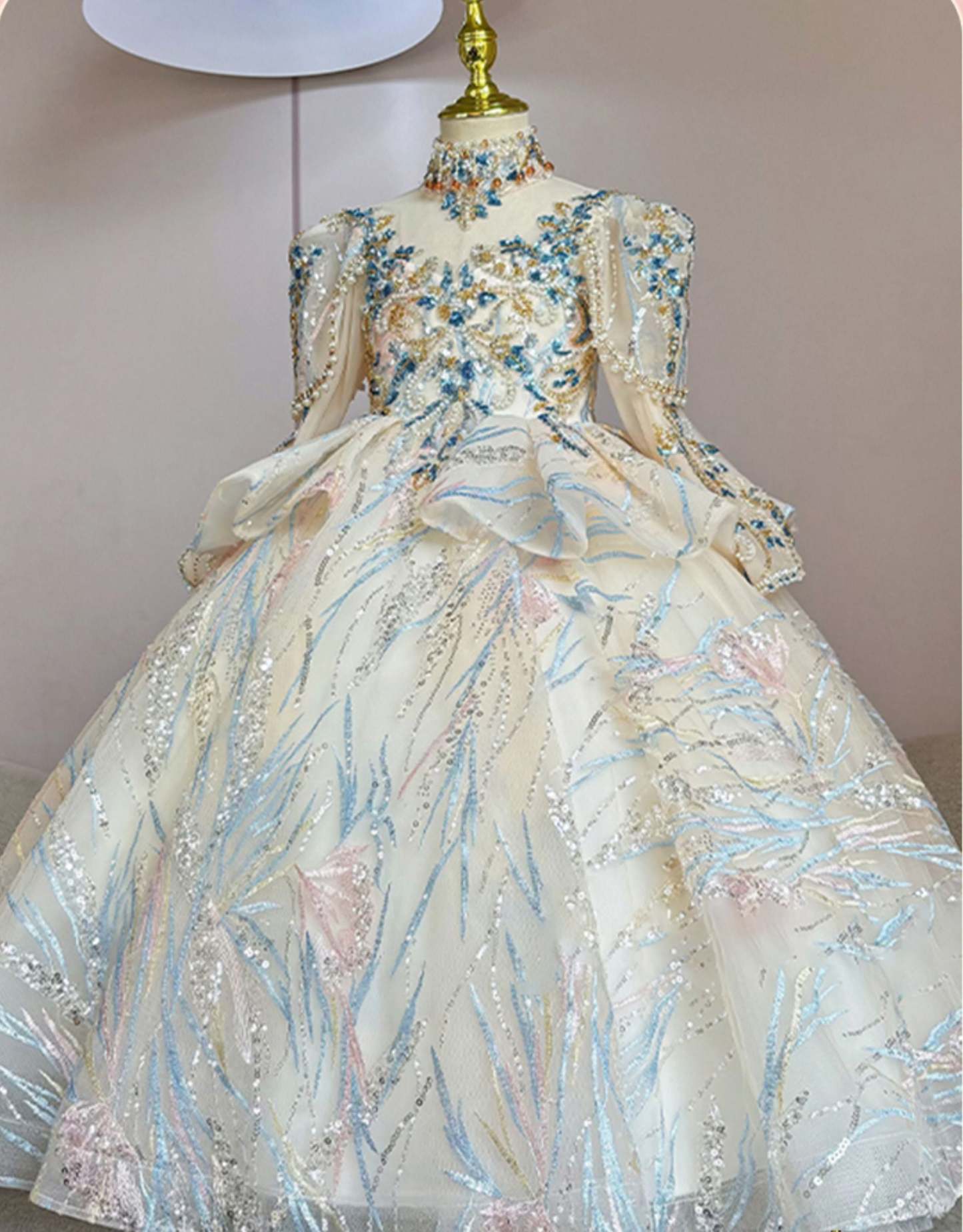 Long-Sleeved High-Neck Flower Girl Dresses with Rhinestone Appliques and Embroidery