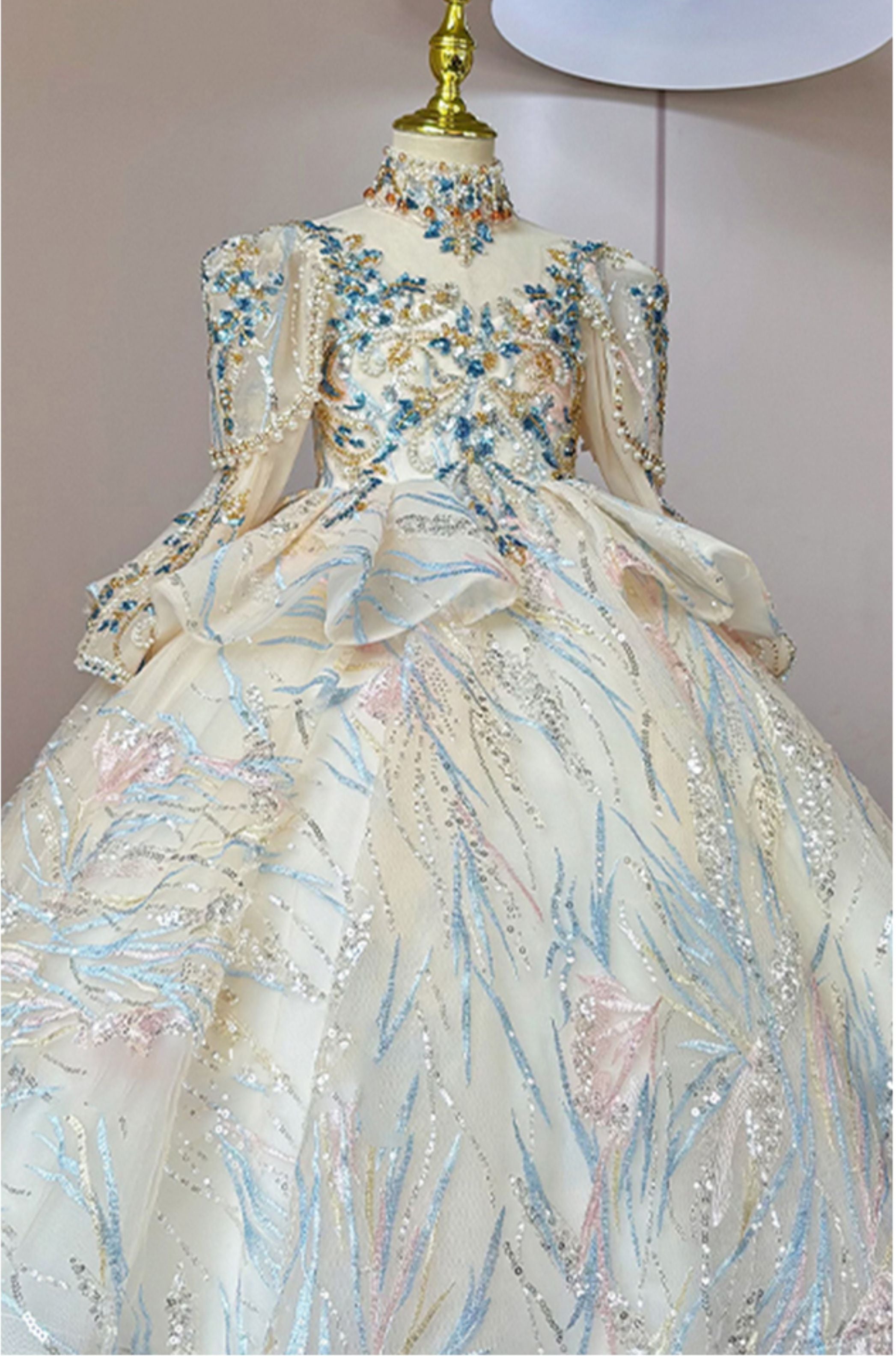 Long-Sleeved High-Neck Flower Girl Dresses with Rhinestone Appliques and Embroidery