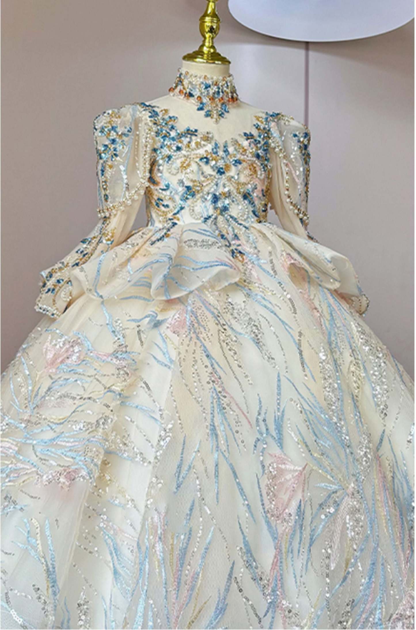 Long-Sleeved High-Neck Flower Girl Dresses with Rhinestone Appliques and Embroidery