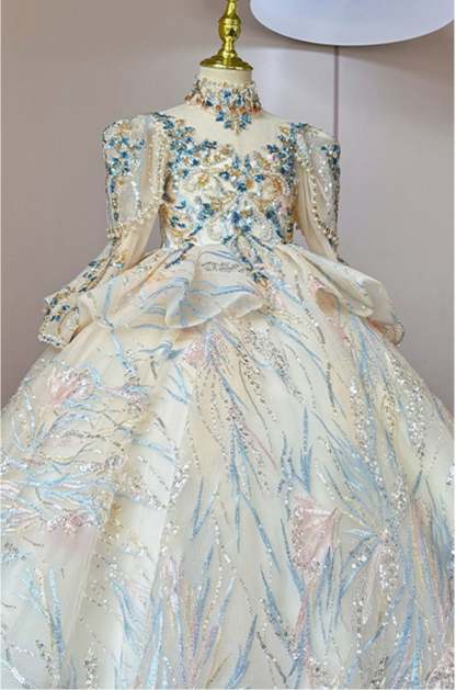 Long-Sleeved High-Neck Flower Girl Dresses with Rhinestone Appliques and Embroidery