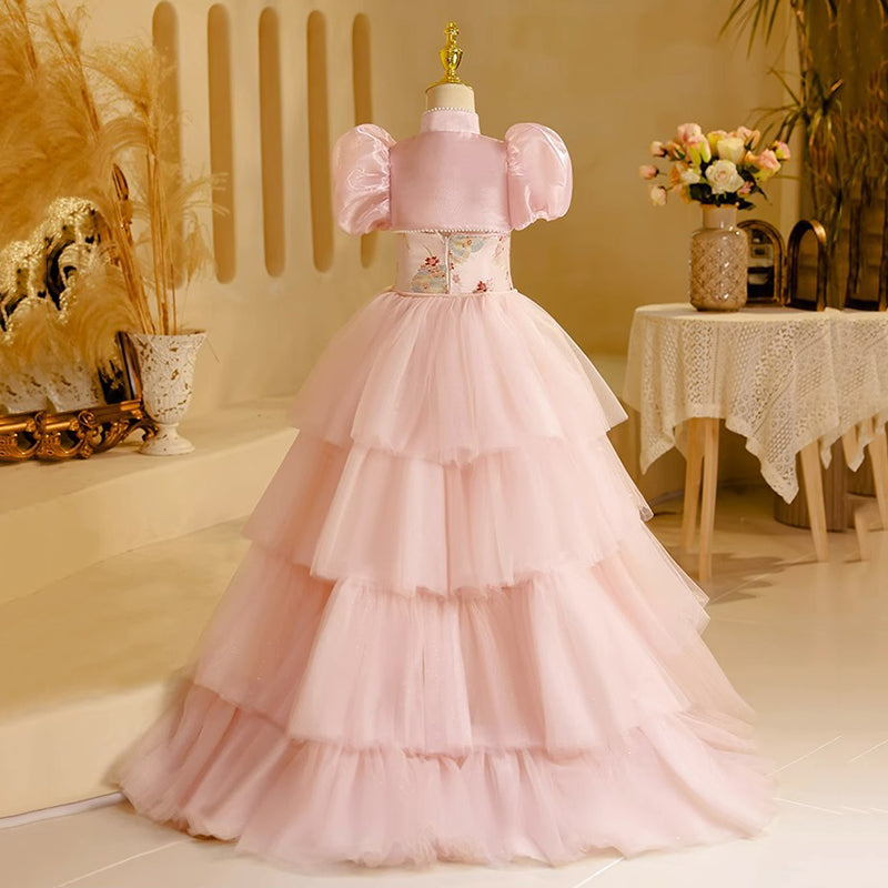 Traditional High-Low Flower Girl Dress with High Neck and Beaded Embroidery