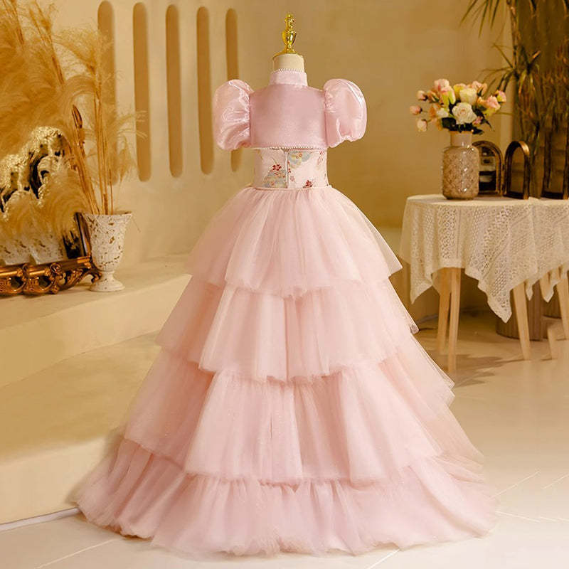Traditional High-Low Flower Girl Dress with High Neck and Beaded Embroidery