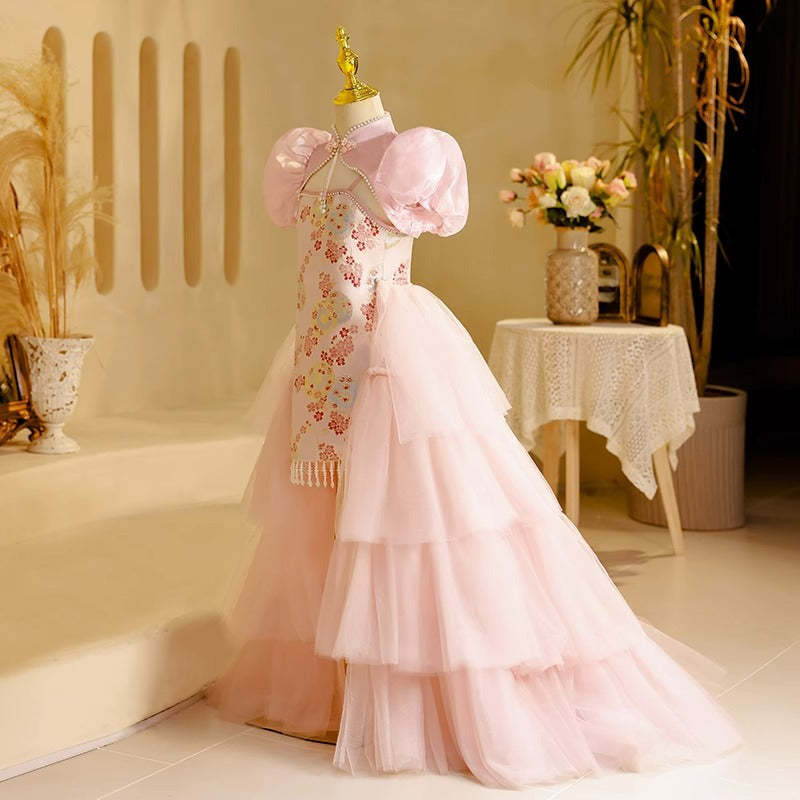Traditional High-Low Flower Girl Dress with High Neck and Beaded Embroidery