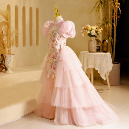 Traditional High-Low Flower Girl Dress with High Neck and Beaded Embroidery