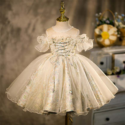 Knee-length flower girl dress with ruffled short sleeves embroidery and beading