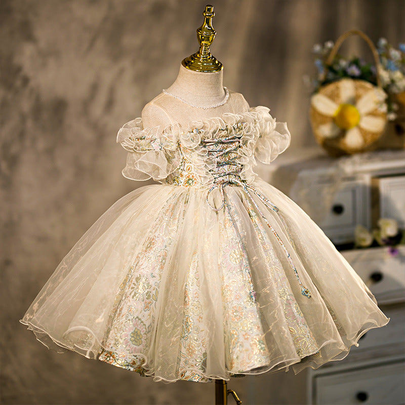 Knee-length flower girl dress with ruffled short sleeves embroidery and beading