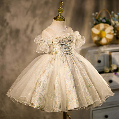 Knee-length flower girl dress with ruffled short sleeves embroidery and beading