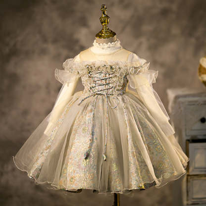 Knee-length flower girl dress with ruffled short sleeves embroidery and beading
