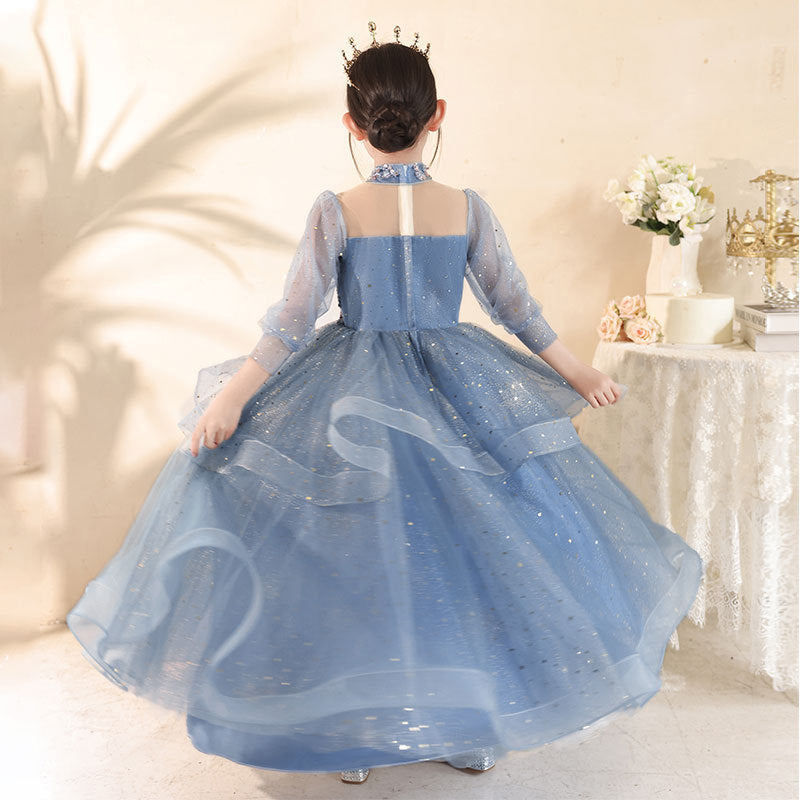 High Neck Princess A-Line Party Dress with Rhinestone Appliques and Long Sleeves