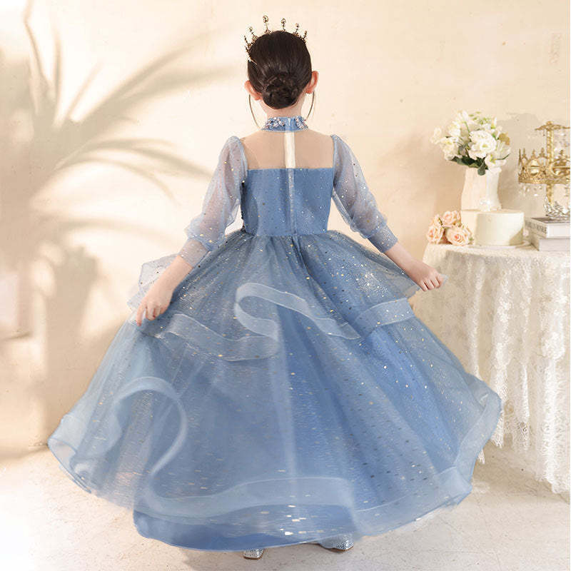 High Neck Princess A-Line Party Dress with Rhinestone Appliques and Long Sleeves