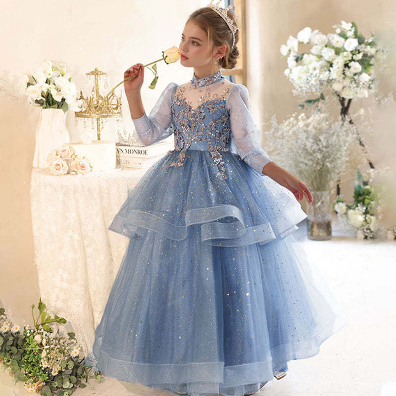 High Neck Princess A-Line Party Dress with Rhinestone Appliques and Long Sleeves