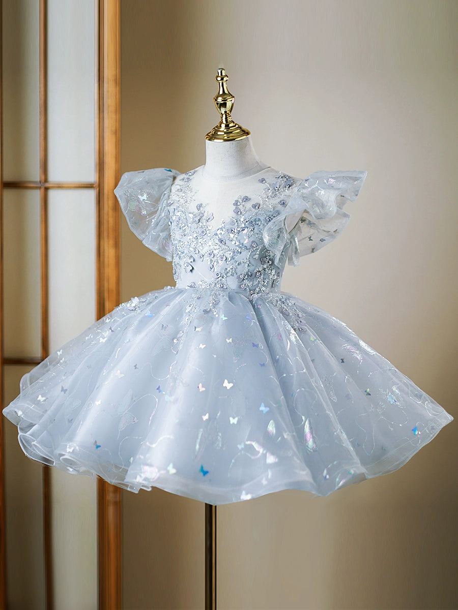 Short Sleeve Round Neck Tea-Length Party Dress for Girls with Crystal Appliques
