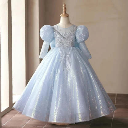 Shinning Ball Gown with Long Sleeves Beading Appliques and Bow for Girls