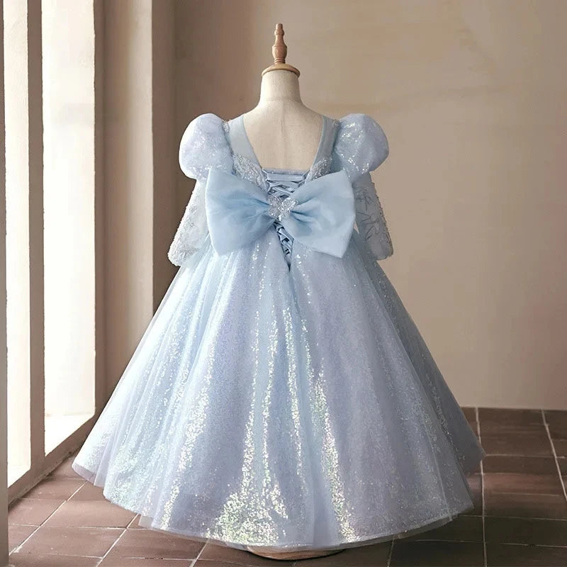 Shinning Ball Gown with Long Sleeves Beading Appliques and Bow for Girls