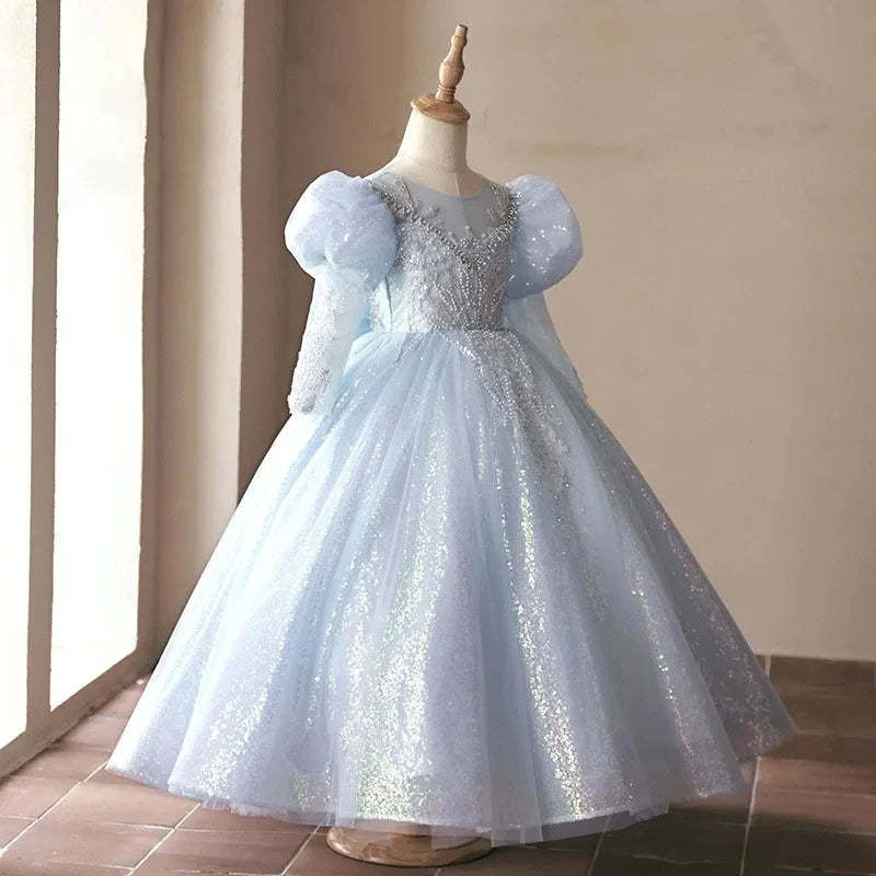 Shinning Ball Gown with Long Sleeves Beading Appliques and Bow for Girls
