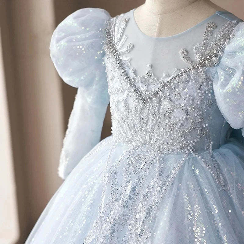 Shinning Ball Gown with Long Sleeves Beading Appliques and Bow for Girls