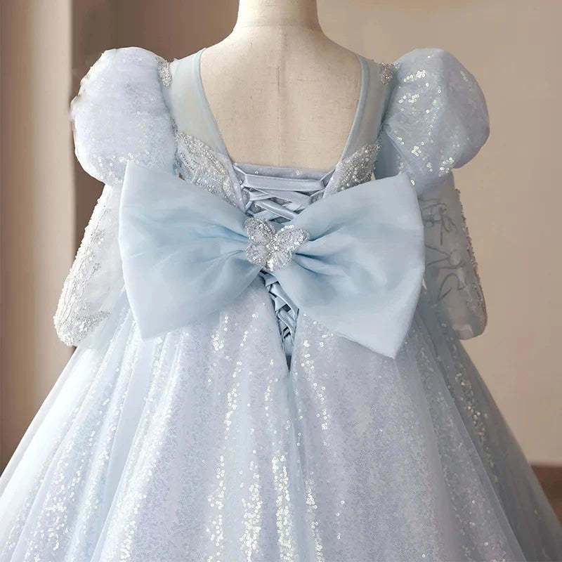 Shinning Ball Gown with Long Sleeves Beading Appliques and Bow for Girls