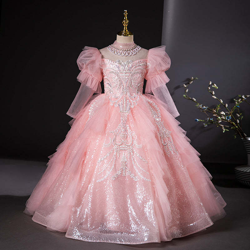 Ball Gown Party Dress with Rhinestone Appliques and High Neck Long Sleeves for Flower Girls