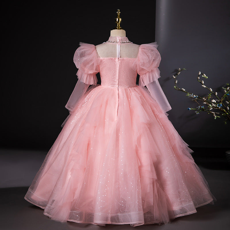 Ball Gown Party Dress with Rhinestone Appliques and High Neck Long Sleeves for Flower Girls