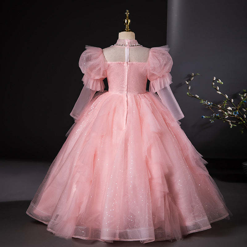 Ball Gown Party Dress with Rhinestone Appliques and High Neck Long Sleeves for Flower Girls