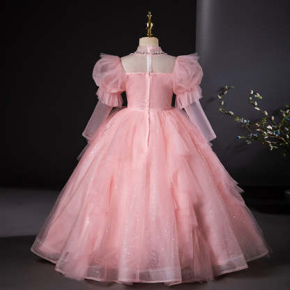 Ball Gown Party Dress with Rhinestone Appliques and High Neck Long Sleeves for Flower Girls