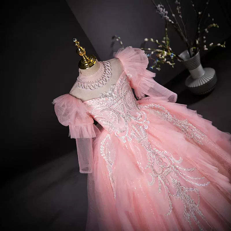 Ball Gown Party Dress with Rhinestone Appliques and High Neck Long Sleeves for Flower Girls