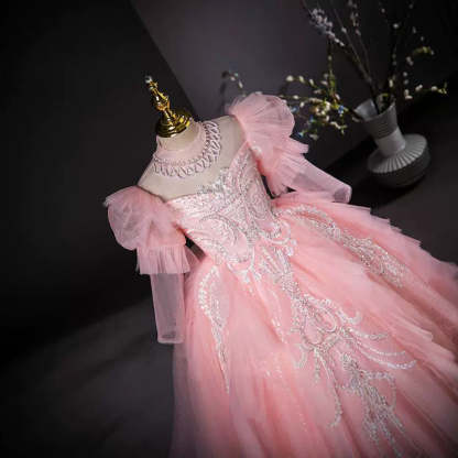 Ball Gown Party Dress with Rhinestone Appliques and High Neck Long Sleeves for Flower Girls