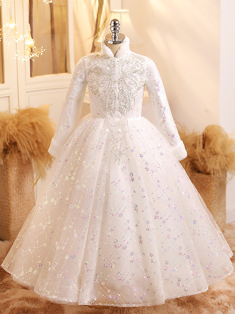 Shimmering Winter Party Ball Gown with Long Sleeves and Crystal Embellishments