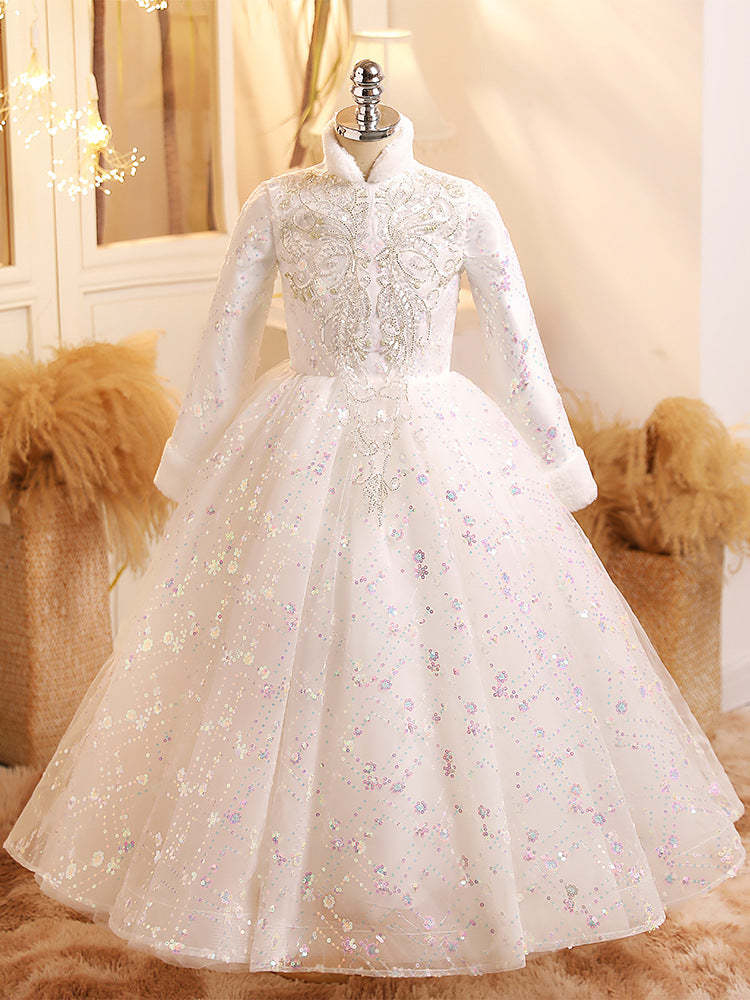 Shimmering Winter Party Ball Gown with Long Sleeves and Crystal Embellishments