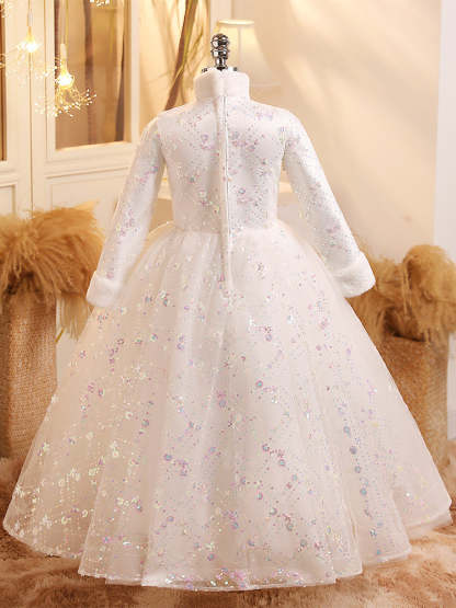Shimmering Winter Party Ball Gown with Long Sleeves and Crystal Embellishments