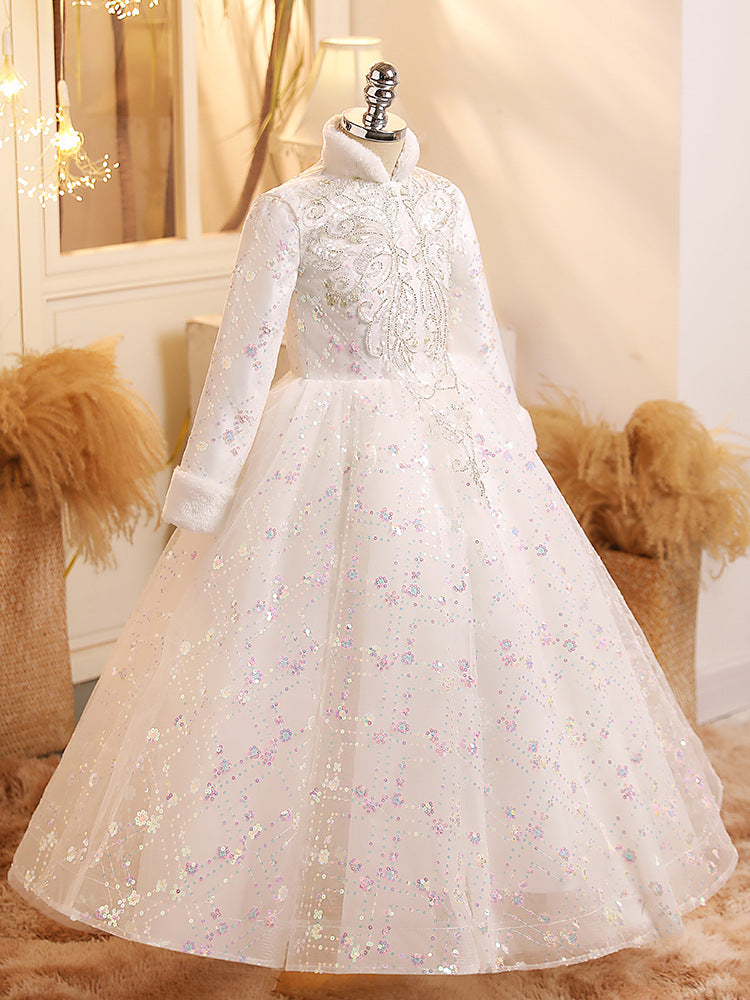 Shimmering Winter Party Ball Gown with Long Sleeves and Crystal Embellishments
