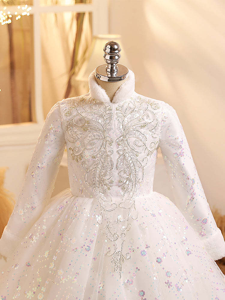 Shimmering Winter Party Ball Gown with Long Sleeves and Crystal Embellishments